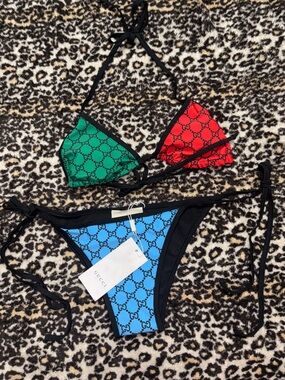 Gucci Pink Logo & Black Bikini with Red and Green Accents